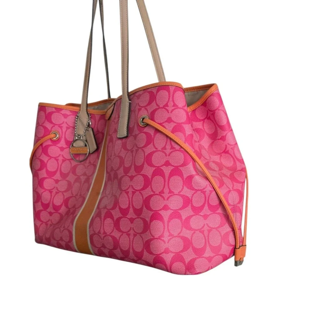 Coach Pink Signature Orange Stripe Large Carryall Handbag Purse F30521